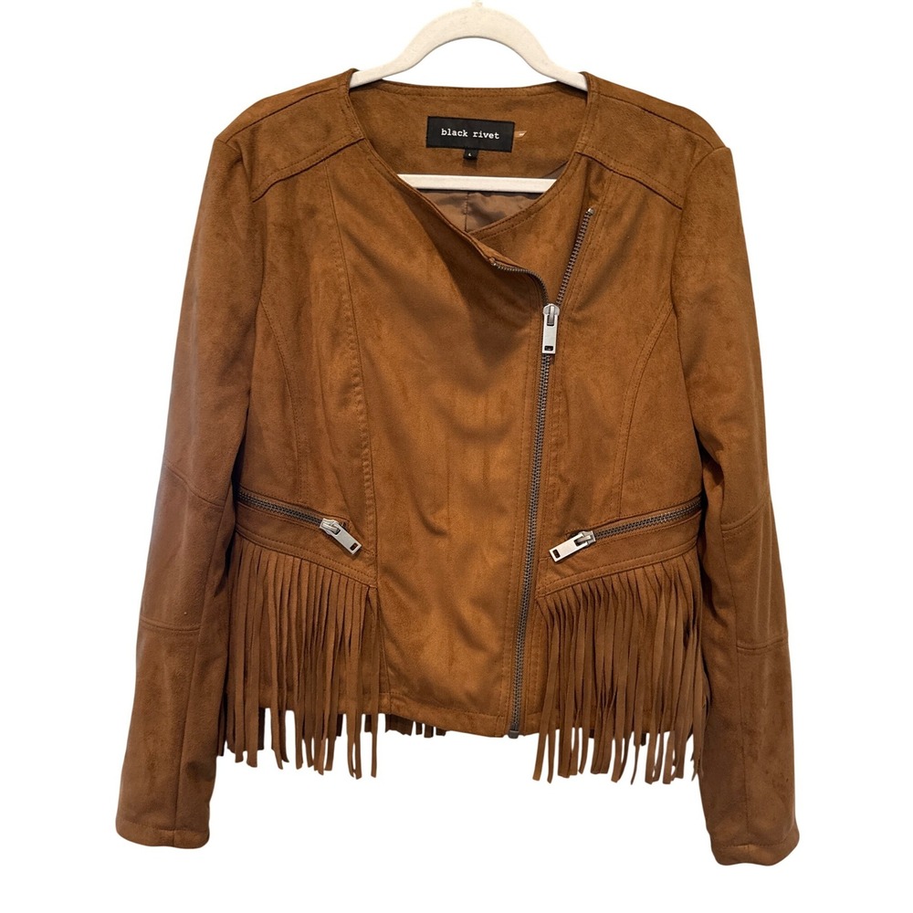 Black Rivet Womens Western Fringe Moto Jacket L Camel Boho Cowgirl Faux Suede